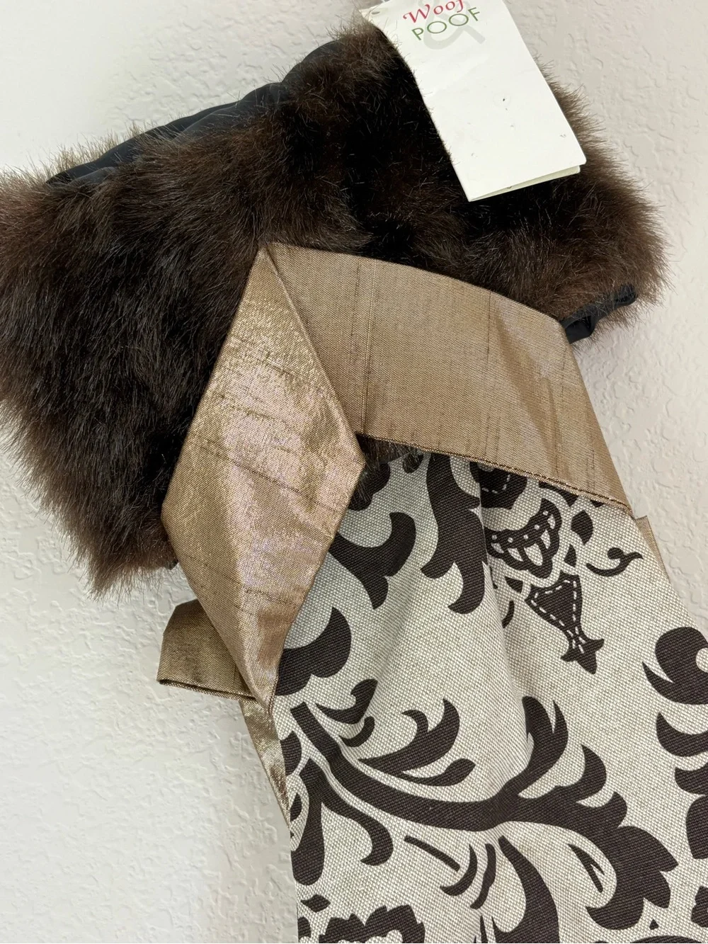 Woof & Poof Brown Damask Christmas Stocking Faux Fur Cuff Gold Bow Holiday Decor